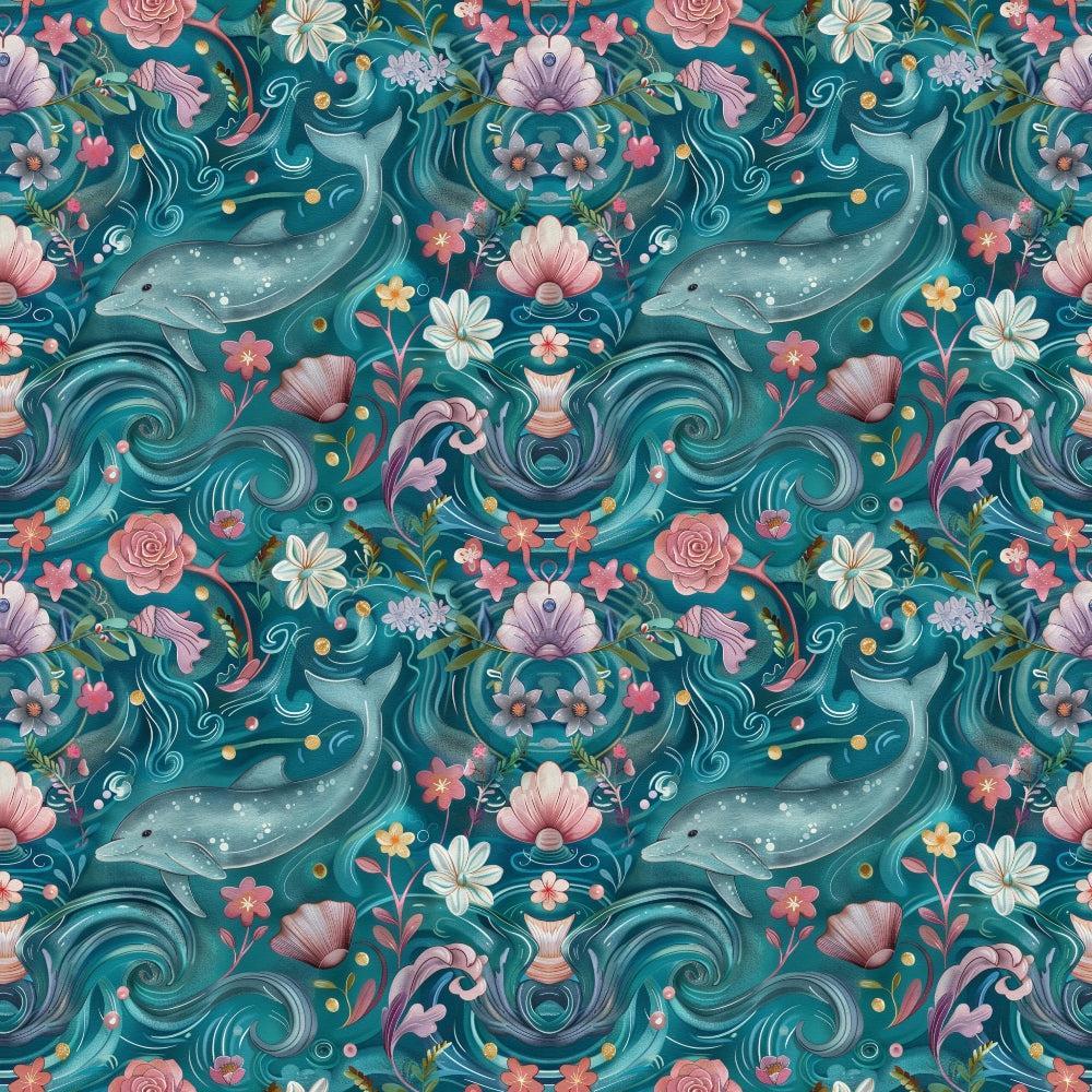 - Swimming with Dolphins Pattern 11 Quilting Cotton Fabric  
- aquatic, marine, ocean  
- dolphin, sea life, flora  
- teal, blue, pink, coral, white, green  
- floral, botanical, whimsical  
- cotton, quilting, textile, fabric, yardage