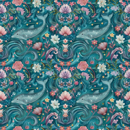 - Swimming with Dolphins Pattern 11 Quilting Cotton Fabric  
- aquatic, marine, ocean  
- dolphin, sea life, flora  
- teal, blue, pink, coral, white, green  
- floral, botanical, whimsical  
- cotton, quilting, textile, fabric, yardage