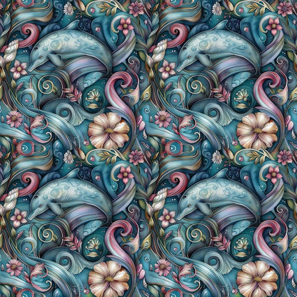 - Swimming with Dolphins Pattern 12 Quilting Cotton Fabric  
- dolphins, marine life, ocean theme  
- blue, teal, pink, purple, beige, green  
- floral motifs, swirling waves, whimsical, decorative  
- aquatic animals, sea plants, delicate, soft texture  
- quilting, cotton, fabric, yardage, printed textile