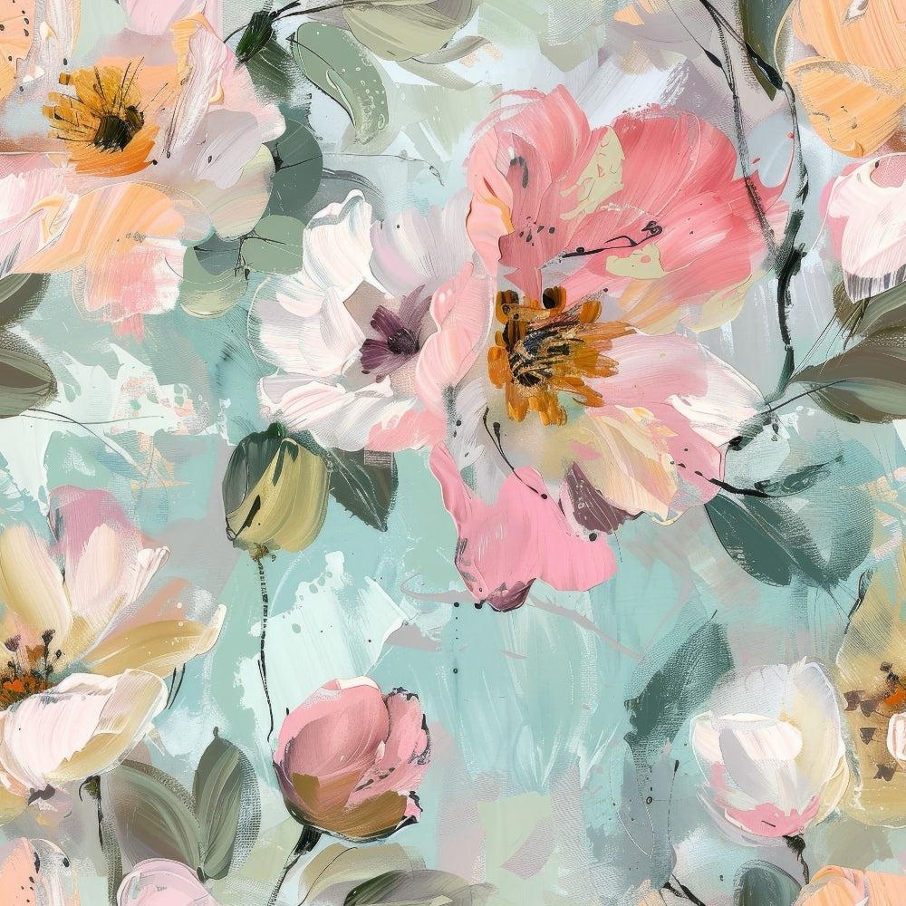 - Pastel Abstract Painted Flowers Pattern 7 Quilting Cotton Fabric  
- Floral design  
- Soft pink, peach, cream, green, and blue hues  
- Abstract brushstroke style  
- Cotton quilting material  
- Delicate blossoms  
- Artistic floral motif  
- Quilting fabric for sewing projects  
- Light and airy color palette