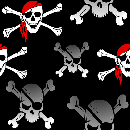- Pirate Skull Quilting Cotton Fabric  
- Black background  
- White skulls and crossbones  
- Red bandana accents  
- Eye patches  
- Nautical theme  
- Cotton material  
- Quilting fabric  
- Repeating pirate pattern  
- Bold contrast  
- Classic pirate design