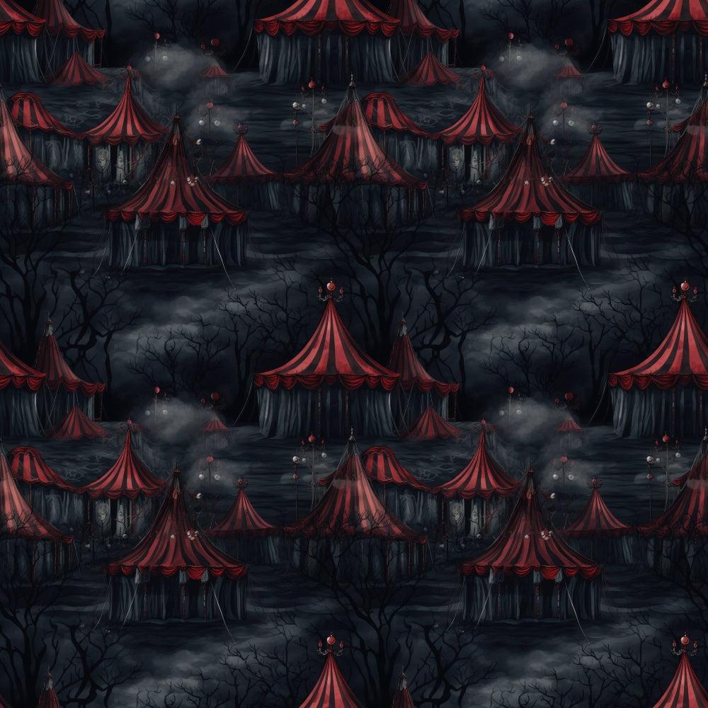 - Sinister Sideshow Pattern 3 Quilting Cotton Fabric  
- Dark eerie carnival tents  
- Deep red, black, gray shades  
- Gothic, spooky theme  
- Cotton quilting textile  
- Haunted circus motif  
- Nighttime, misty atmosphere  
- Fabric for quilting, crafts