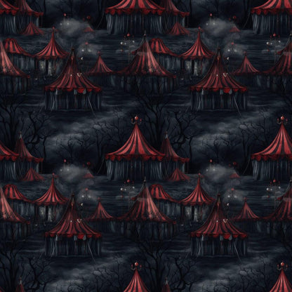 - Sinister Sideshow Pattern 3 Quilting Cotton Fabric  
- Dark eerie carnival tents  
- Deep red, black, gray shades  
- Gothic, spooky theme  
- Cotton quilting textile  
- Haunted circus motif  
- Nighttime, misty atmosphere  
- Fabric for quilting, crafts