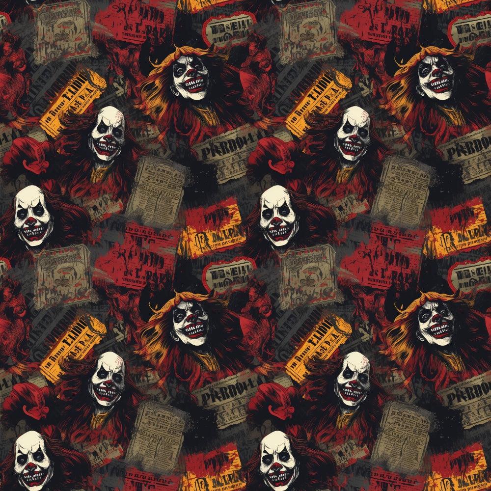 - Sinister Sideshow Pattern 4 Quilting Cotton Fabric  
- Halloween, creepy, scary  
- Skull, clown, sinister faces  
- Red, black, orange, gray, beige  
- Cotton textile, spooky design  
- Vintage horror, theatrical, eerie  
- Quilting, sewing, craft material  
- Dark theme, character prints, bold colors