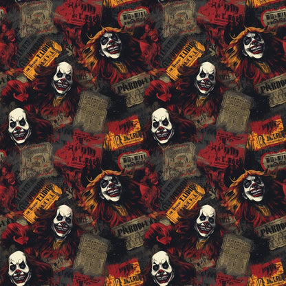 - Sinister Sideshow Pattern 4 Quilting Cotton Fabric  
- Halloween, creepy, scary  
- Skull, clown, sinister faces  
- Red, black, orange, gray, beige  
- Cotton textile, spooky design  
- Vintage horror, theatrical, eerie  
- Quilting, sewing, craft material  
- Dark theme, character prints, bold colors