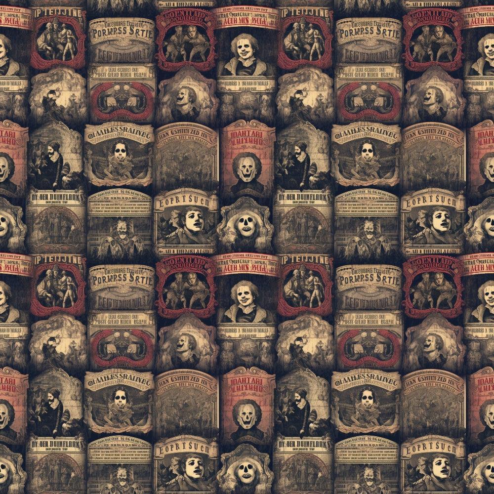 - Sinister Sideshow Pattern 5 Quilting Cotton Fabric - vintage, gothic, eerie  
- sepia, brown, black, red, cream  
- skulls, skeletons, old posters, antique design  
- Halloween, spooky, macabre, retro  
- quilting, cotton, yardage, craft material