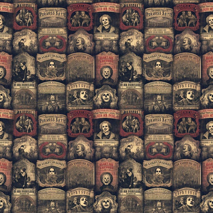 - Sinister Sideshow Pattern 5 Quilting Cotton Fabric - vintage, gothic, eerie  
- sepia, brown, black, red, cream  
- skulls, skeletons, old posters, antique design  
- Halloween, spooky, macabre, retro  
- quilting, cotton, yardage, craft material