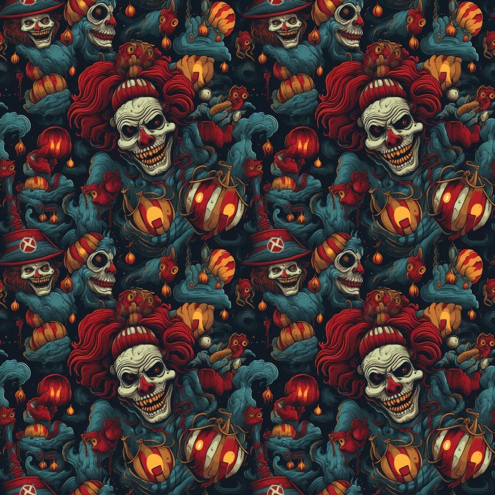 - Sinister Sideshow Pattern 7 Quilting Cotton Fabric - Halloween theme - spooky clown faces - red, black, orange, blue tones - skulls, pumpkins, lanterns - gothic, creepy, horror style - cotton textile - quilting material - dark, eerie design - eerie, macabre, festive elements - fabric yardage material