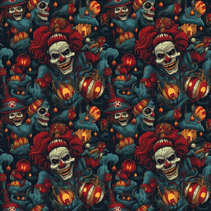 - Sinister Sideshow Pattern 7 Quilting Cotton Fabric - Halloween theme - spooky clown faces - red, black, orange, blue tones - skulls, pumpkins, lanterns - gothic, creepy, horror style - cotton textile - quilting material - dark, eerie design - eerie, macabre, festive elements - fabric yardage material