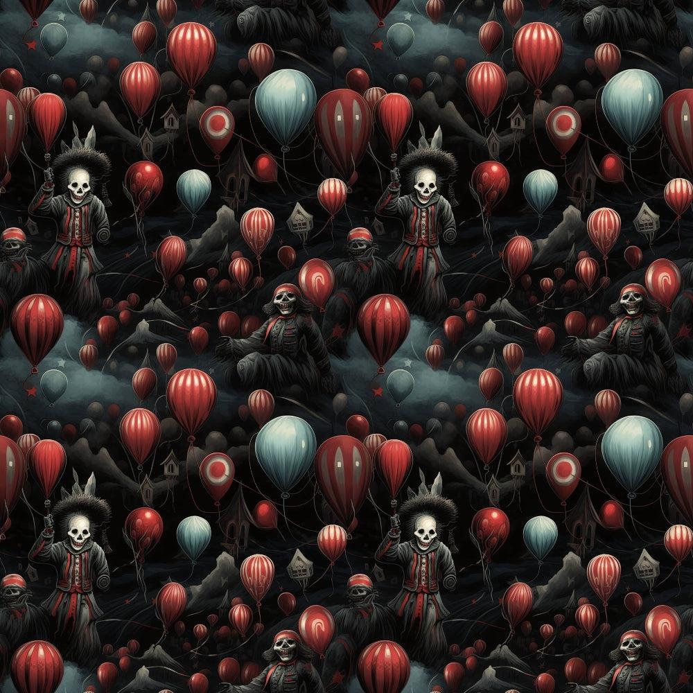 - Sinister Sideshow Pattern 8 Quilting Cotton Fabric  
- Dark gothic theme  
- Red, black, blue, gray colors  
- Skeletons, balloon motifs  
- Vintage circus style  
- Spooky, eerie design  
- Quilting fabric, cotton textile  
- Halloween inspired pattern  
- Repeating imagery  
- Creepy carnival elements