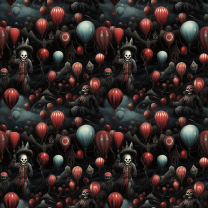 - Sinister Sideshow Pattern 8 Quilting Cotton Fabric  
- Dark gothic theme  
- Red, black, blue, gray colors  
- Skeletons, balloon motifs  
- Vintage circus style  
- Spooky, eerie design  
- Quilting fabric, cotton textile  
- Halloween inspired pattern  
- Repeating imagery  
- Creepy carnival elements