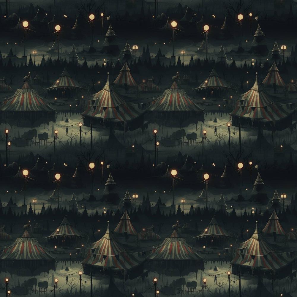 - Sinister Sideshow Pattern 9 Quilting Cotton Fabric  
- Dark, moody, eerie, nighttime  
- Carnival tents, stripes, spooky  
- Cotton, quilting, textile, fabric  
- Shadowy, lantern lights, vintage carnival, atmospheric  
- Shades of black, gray, muted red, orange highlights  
- Halloween, mysterious, whimsical, patterned fabric