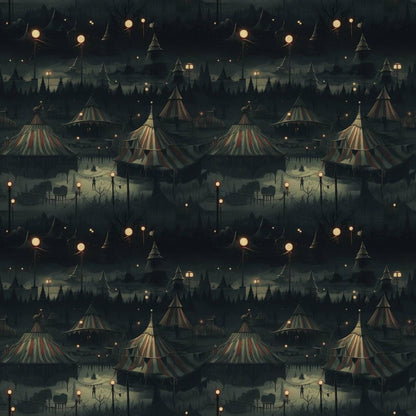 - Sinister Sideshow Pattern 9 Quilting Cotton Fabric  
- Dark, moody, eerie, nighttime  
- Carnival tents, stripes, spooky  
- Cotton, quilting, textile, fabric  
- Shadowy, lantern lights, vintage carnival, atmospheric  
- Shades of black, gray, muted red, orange highlights  
- Halloween, mysterious, whimsical, patterned fabric
