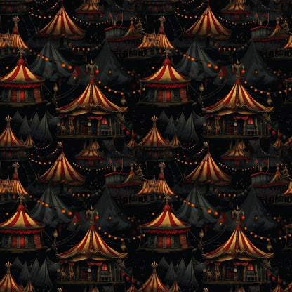 - Sinister Sideshow Pattern 10 Quilting Cotton Fabric  
- Dark circus tents  
- Rich red, yellow, black, and gray  
- Vintage carnival theme  
- Cotton textile for quilting  
- Spooky, eerie, theatrical design  
- Textile yardage fabric for crafts  
- Decorative quilting material
