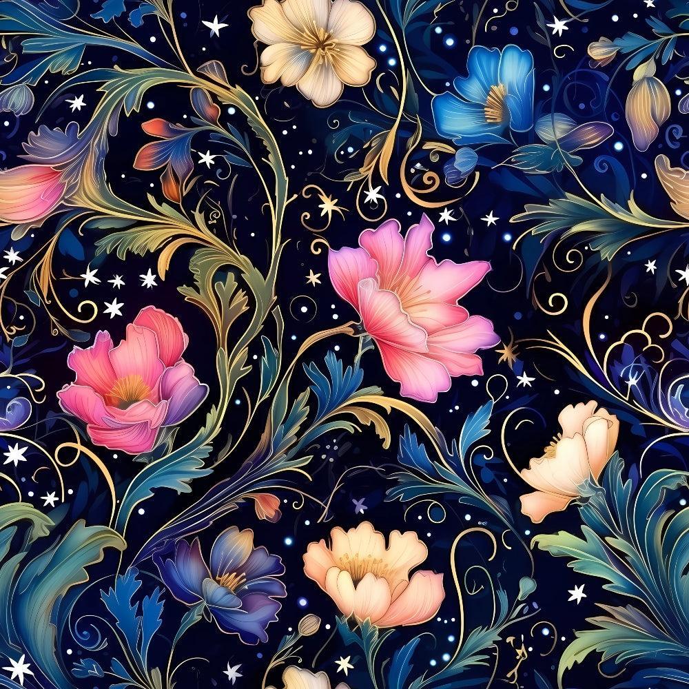 - Watercolor Night Nouveau Pattern 7 Quilting Cotton Fabric  
- Blue, pink, cream floral  
- Night sky, stars, leaves  
- Botanical, swirling vines  
- Quilting, cotton, fabric  
- Elegant, decorative, vibrant  
- Detailed, artistic, vintage style