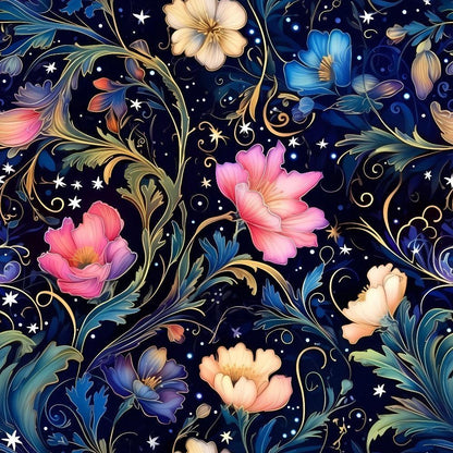 - Watercolor Night Nouveau Pattern 7 Quilting Cotton Fabric  
- Blue, pink, cream floral  
- Night sky, stars, leaves  
- Botanical, swirling vines  
- Quilting, cotton, fabric  
- Elegant, decorative, vibrant  
- Detailed, artistic, vintage style