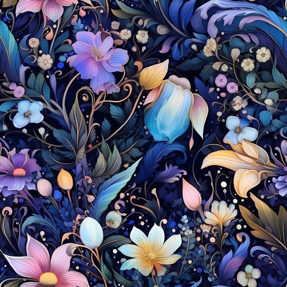 - Watercolor Night Nouveau Pattern 8 Quilting Cotton Fabric  
- Floral design  
- Blue, purple, pink, yellow, cream colors  
- Night-themed, botanical, vintage style  
- Quilting, cotton, textile, yardage, fabric  
- Leaves, petals, blooms, intricate details  
- Elegant, artistic, ornamental
