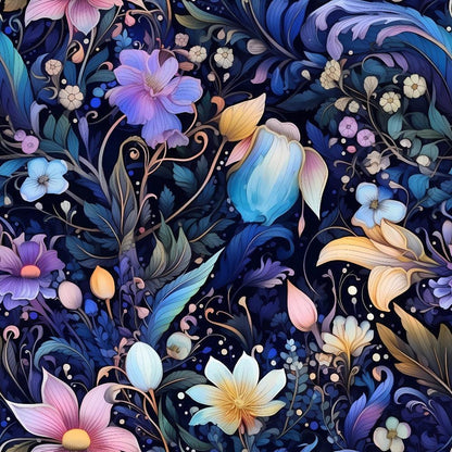 - Watercolor Night Nouveau Pattern 8 Quilting Cotton Fabric  
- Floral design  
- Blue, purple, pink, yellow, cream colors  
- Night-themed, botanical, vintage style  
- Quilting, cotton, textile, yardage, fabric  
- Leaves, petals, blooms, intricate details  
- Elegant, artistic, ornamental
