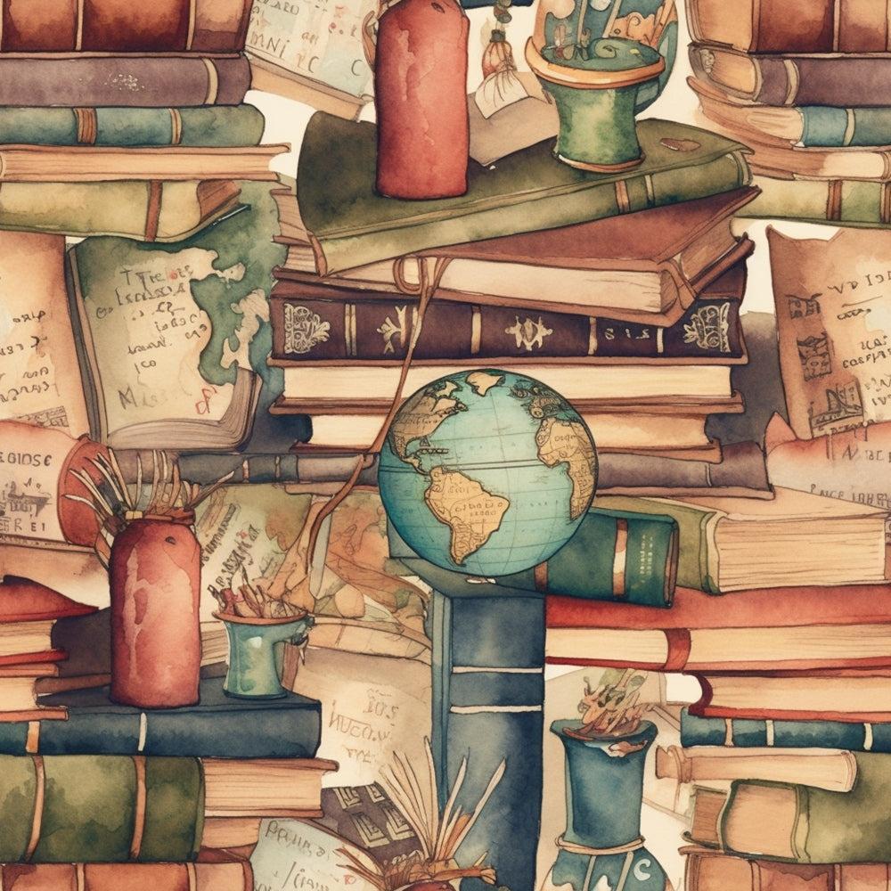 - Whimsical Library Pattern 7 Quilting Cotton Fabric  
- vintage books  
- globe illustration  
- earth tones  
- stacked books  
- antique style  
- old manuscript  
- brown, green, beige colors  
- reading theme  
- cozy library  
- cotton textile  
- quilting material  
- artistic drawing  
- rustic charm