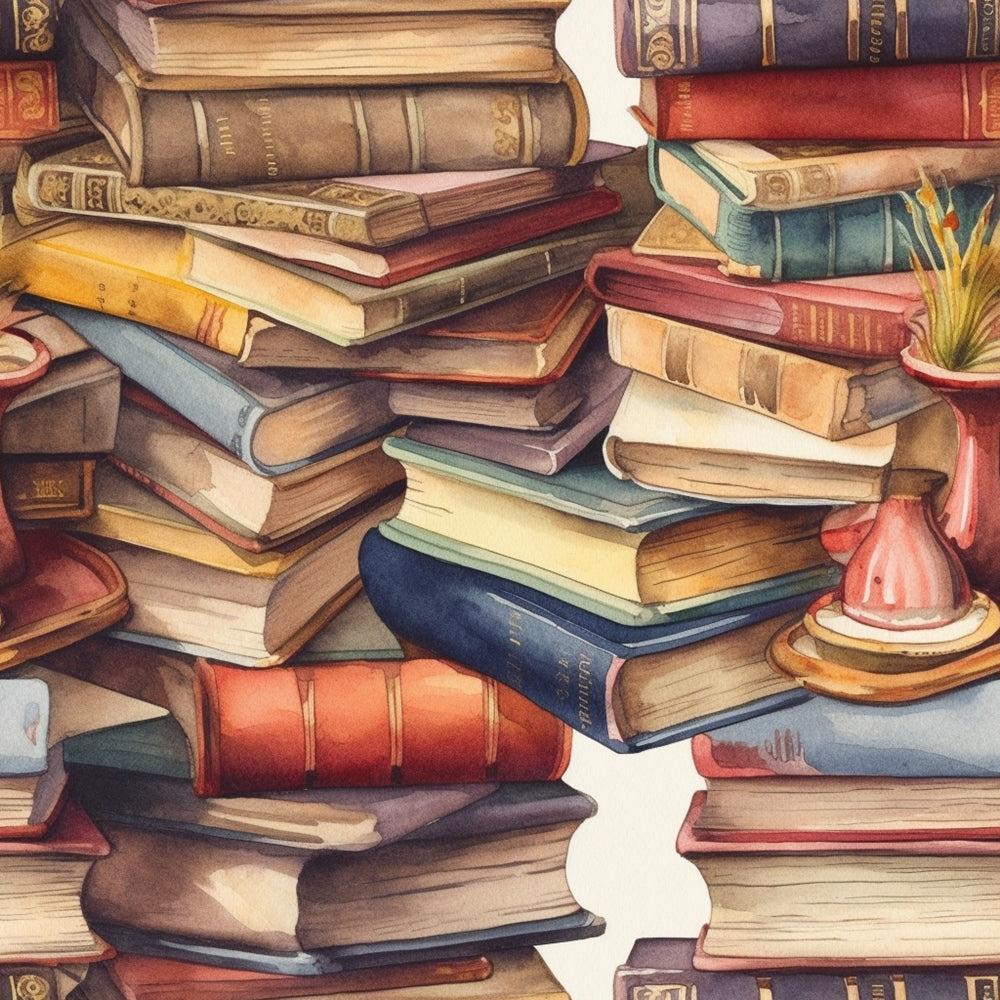 - Whimsical Library Pattern 15 Quilting Cotton Fabric  
- multicolored, vintage books, literary, stacked books, warm tones, cozy, classic, quilting fabric, cotton textile, library motif, nostalgic, decorative fabric, book spines, muted reds, blues, browns, creams, detailed illustration, fabric yardage
