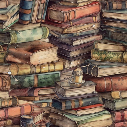 - Whimsical Library Pattern 16 Quilting Cotton Fabric  
- Vintage books  
- Stacked volumes  
- Earth tones  
- Brown, green, beige, red hues  
- Old manuscript style  
- Textured fabric design  
- Cotton quilting material  
- Literary theme  
- Antique book illustration  
- Rustic, classic, cozy style