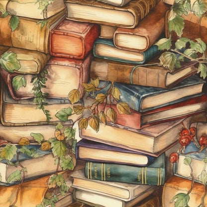 - Whimsical Library Pattern 18 Quilting Cotton Fabric - vintage books - stacked books - brown tones - green foliage - autumn leaves - red berries - literary design - cozy fabric - cotton textile - quilting material - warm colors - natural elements - fabric yardage