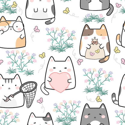 - Hello Spring Cats Pattern 14 Quilting Cotton Fabric  
- cute cats  
- playful kittens  
- pastel colors  
- soft pink  
- light yellow  
- gentle green  
- floral accents  
- whimsical butterflies  
- charming illustrations  
- fun quilting fabric  
- cozy cotton  
- yardage fabric