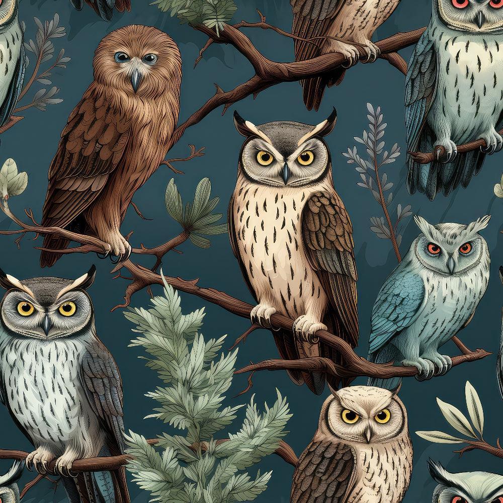 Owl Ephemera Pattern 5 Quilting Cotton Fabric featuring detailed owl illustrations in brown, cream, gray, and blue hues on a dark teal background, showcasing nature-inspired foliage and branches, quilting textile, cotton material, vintage animal print, decorative fabric for sewing and crafting projects.