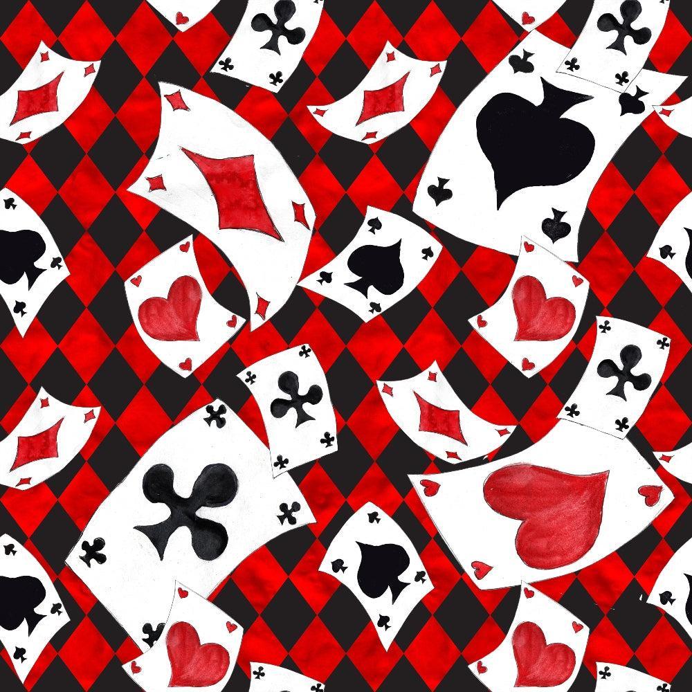 Alice in Wonderland Pattern 3 Quilting Cotton Fabric featuring red and black harlequin background, scattered playing cards with hearts, diamonds, clubs, spades, cotton quilting fabric, whimsical design, vibrant colors, premium quilting cotton, traditional style.