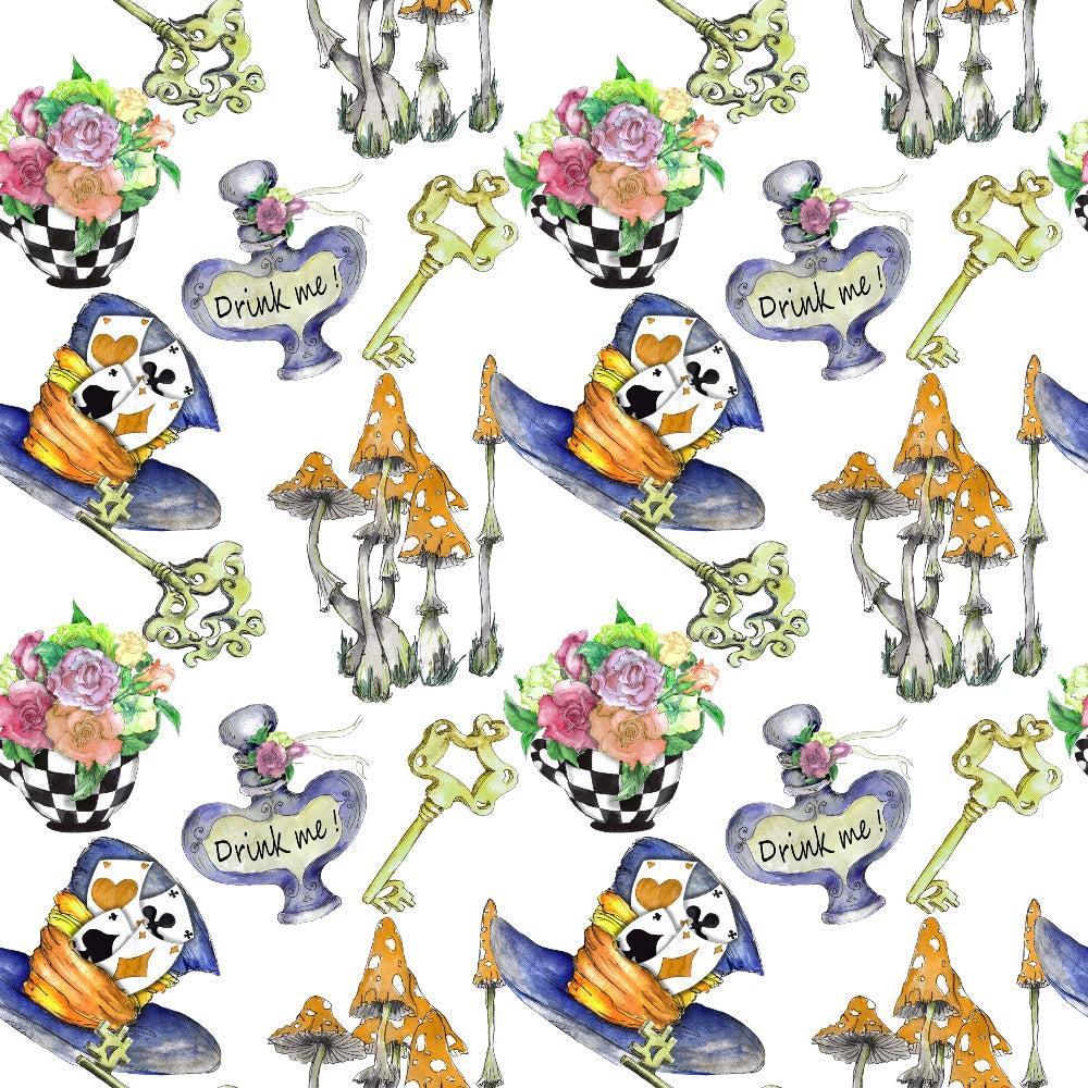 Alice in Wonderland Pattern 5 Quilting Cotton Fabric featuring whimsical illustrations of keys, mushrooms, floral teacups, potion bottles, and decorative hats in colors including blue, orange, yellow, green, purple, black, and white. Soft cotton textile with playful, fantasy-themed design suitable for quilting and craft projects.