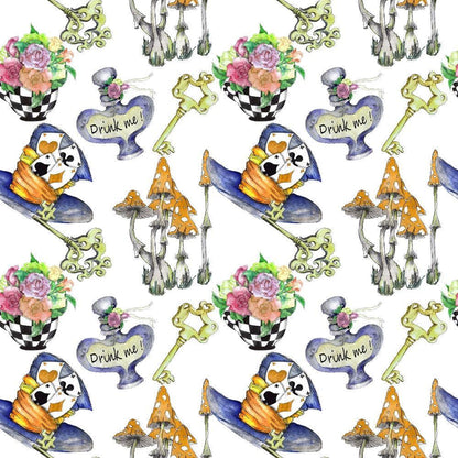 Alice in Wonderland Pattern 5 Quilting Cotton Fabric featuring whimsical illustrations of keys, mushrooms, floral teacups, potion bottles, and decorative hats in colors including blue, orange, yellow, green, purple, black, and white. Soft cotton textile with playful, fantasy-themed design suitable for quilting and craft projects.