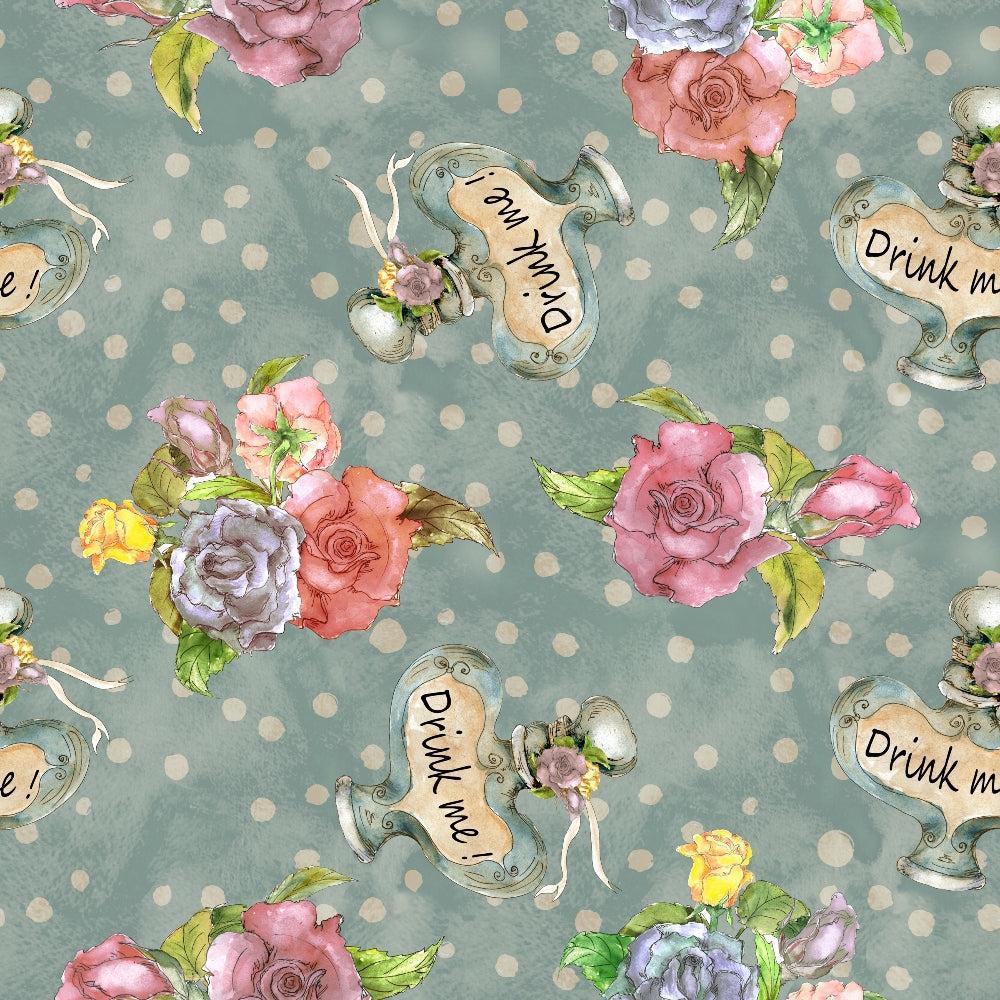 Alice in Wonderland Pattern 6 Quilting Cotton Fabric, whimsical, vintage, pastel, floral, roses, peonies, blue background, polka dots, potion bottle, handwritten text, soft texture, cotton textile, quilting material, decorative, colorful, elegant, artistic design, fabric yardage