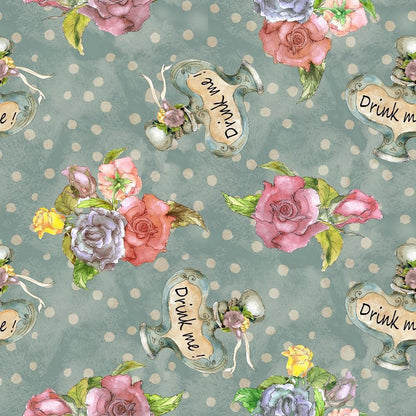 Alice in Wonderland Pattern 6 Quilting Cotton Fabric, whimsical, vintage, pastel, floral, roses, peonies, blue background, polka dots, potion bottle, handwritten text, soft texture, cotton textile, quilting material, decorative, colorful, elegant, artistic design, fabric yardage