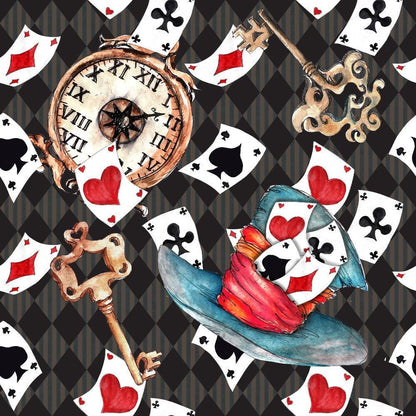 Alice in Wonderland Pattern 7 Quilting Cotton Fabric with vintage clock, ornate keys, blue top hat with red band, playing cards suits hearts, clubs, diamonds, spades, whimsical design, dark argyle background, cotton textile, quilting material, themed fabric, colorful, detailed illustration.