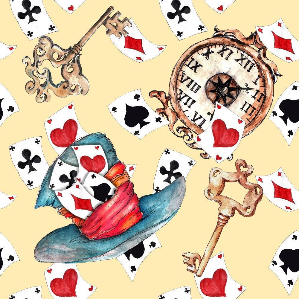 Alice in Wonderland Pattern 9 Quilting Cotton Fabric featuring whimsical playing cards, vintage keys, ornate pocket watch, colorful hat, beige background, quilting cotton textile, whimsical design, fabric for sewing, crafting material, premium quilting fabric.