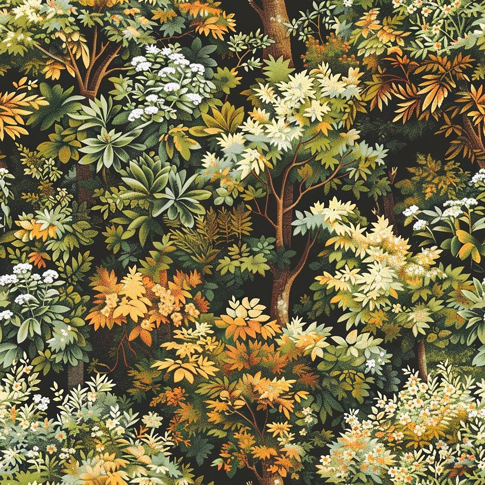 - Woodland Wonders Pattern 10 Quilting Cotton Fabric  
- forest foliage  
- autumn leaves  
- green, yellow, orange, brown hues  
- botanical design  
- nature inspired  
- dense leaf clusters  
- cotton textile  
- quilting material  
- earthy tones  
- tree branches  
- woodland scenery  
- natural texture