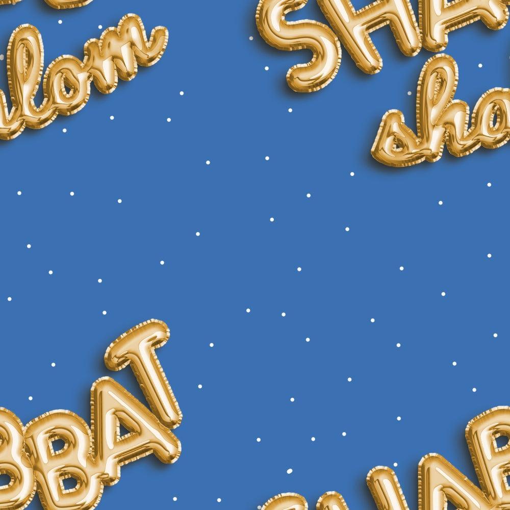 - Shabbat Shalom Pattern 1 Quilting Cotton Fabric  
- Blue background  
- Gold balloon letters  
- White small dots  
- Quilting material  
- Cotton textile  
- Festive design  
- Holiday theme  
- Fabric yardage  
- Decorative fabric