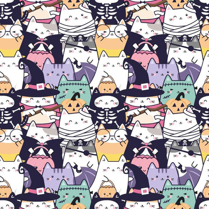 - Kawaii Cute Halloween Cats Pattern 1 Quilting Cotton Fabric  
- Cute cats  
- Halloween theme  
- Cartoon style  
- Quilting fabric  
- Cotton material  
- Festive design  
- Black, white, orange, purple, green colors  
- Witch hats, pumpkins, skeleton costumes  
- Playful, charming, spooky, fun