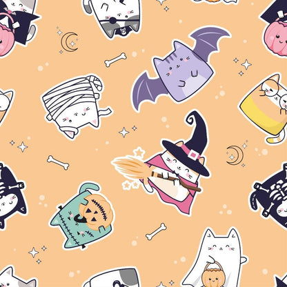Kawaii Cute Halloween Cats Pattern 8 Quilting Cotton Fabric