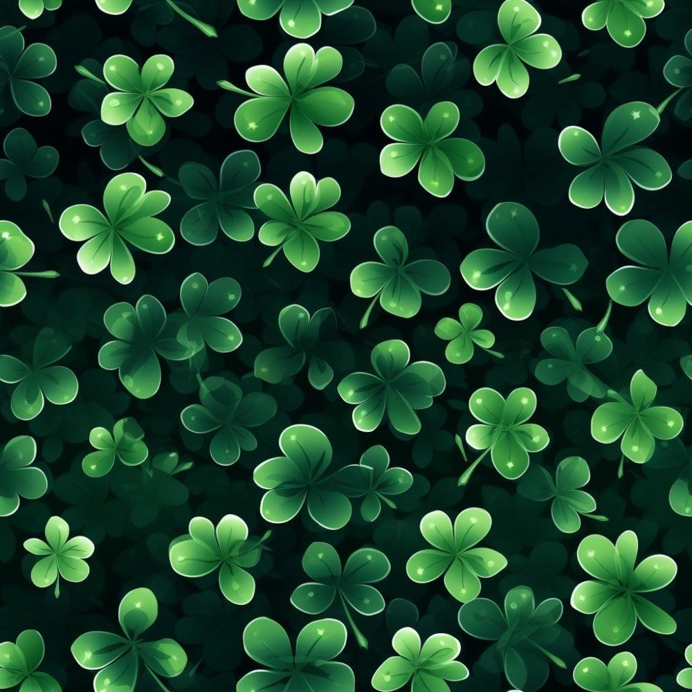 - St. Patrick's Day Glam Pattern 5 Quilting Cotton Fabric  
- green shamrocks  
- clover leaves  
- dark background  
- festive print  
- quilting fabric  
- cotton textile  
- nature-inspired  
- seamless design  
- floral motif