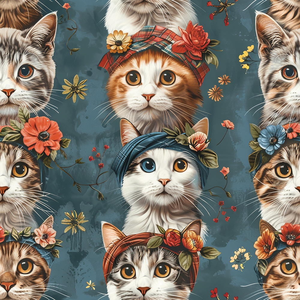 - Well Dressed Cats Pattern 6 Quilting Cotton Fabric  
- Cats, felines, cute, adorable  
- Hats, floral accessories, flowers  
- Blue background, teal, muted tones  
- Orange, white, gray, brown, multicolor  
- Cotton, quilting, soft, textile, fabric, yardage  
- Vintage style, charming, whimsical, decorative