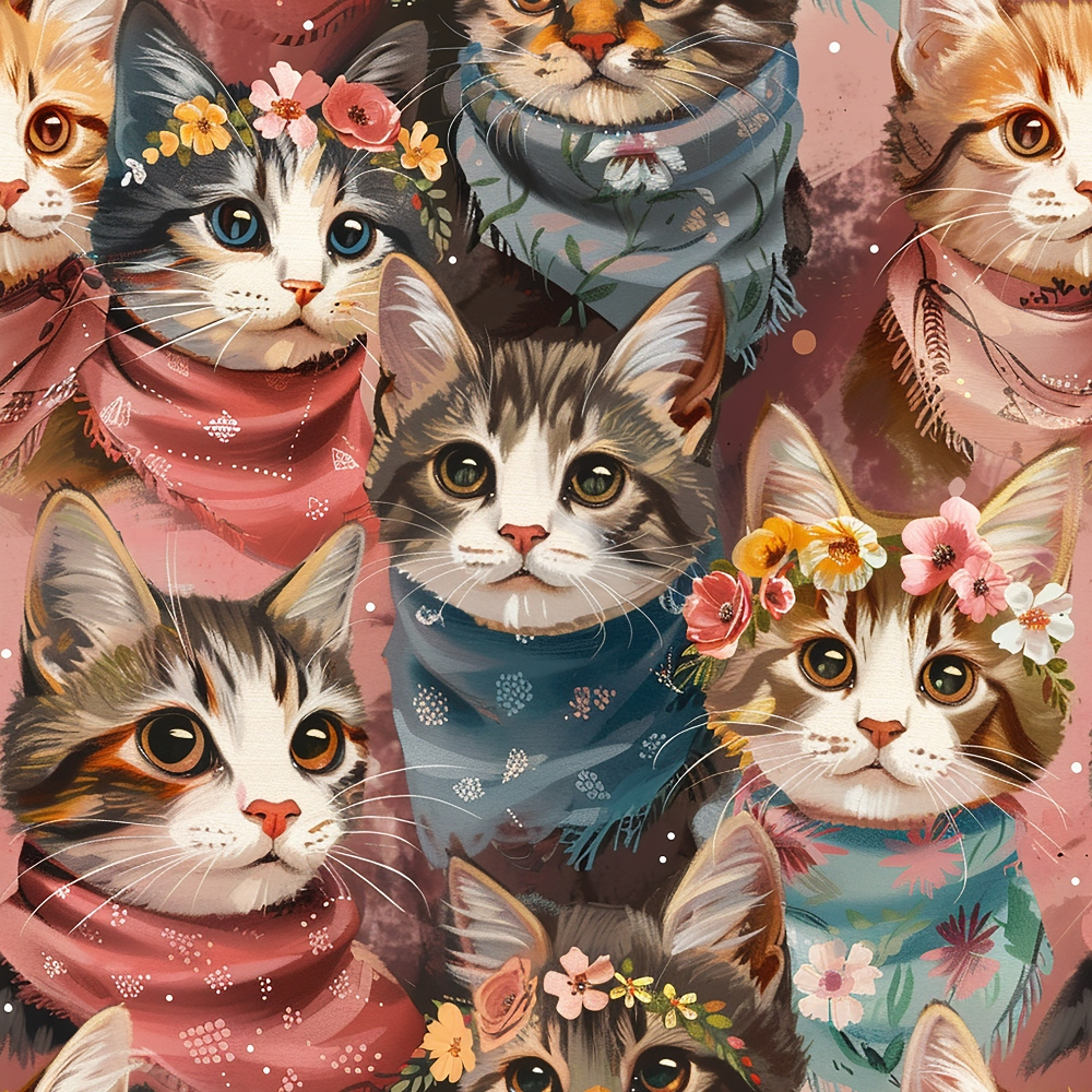 - Well Dressed Cats Pattern 8 Quilting Cotton Fabric  
- Cats, felines, portraits  
- Floral, flower crowns, blossoms  
- Textured, soft, smooth  
- Multicolor, pink, brown, blue, beige  
- Cotton, quilting, yardage  
- Cute, cozy, artistic, decorative