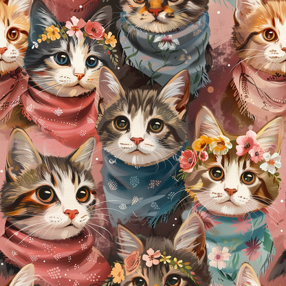 - Well Dressed Cats Pattern 8 Quilting Cotton Fabric  
- Cats, felines, portraits  
- Floral, flower crowns, blossoms  
- Textured, soft, smooth  
- Multicolor, pink, brown, blue, beige  
- Cotton, quilting, yardage  
- Cute, cozy, artistic, decorative