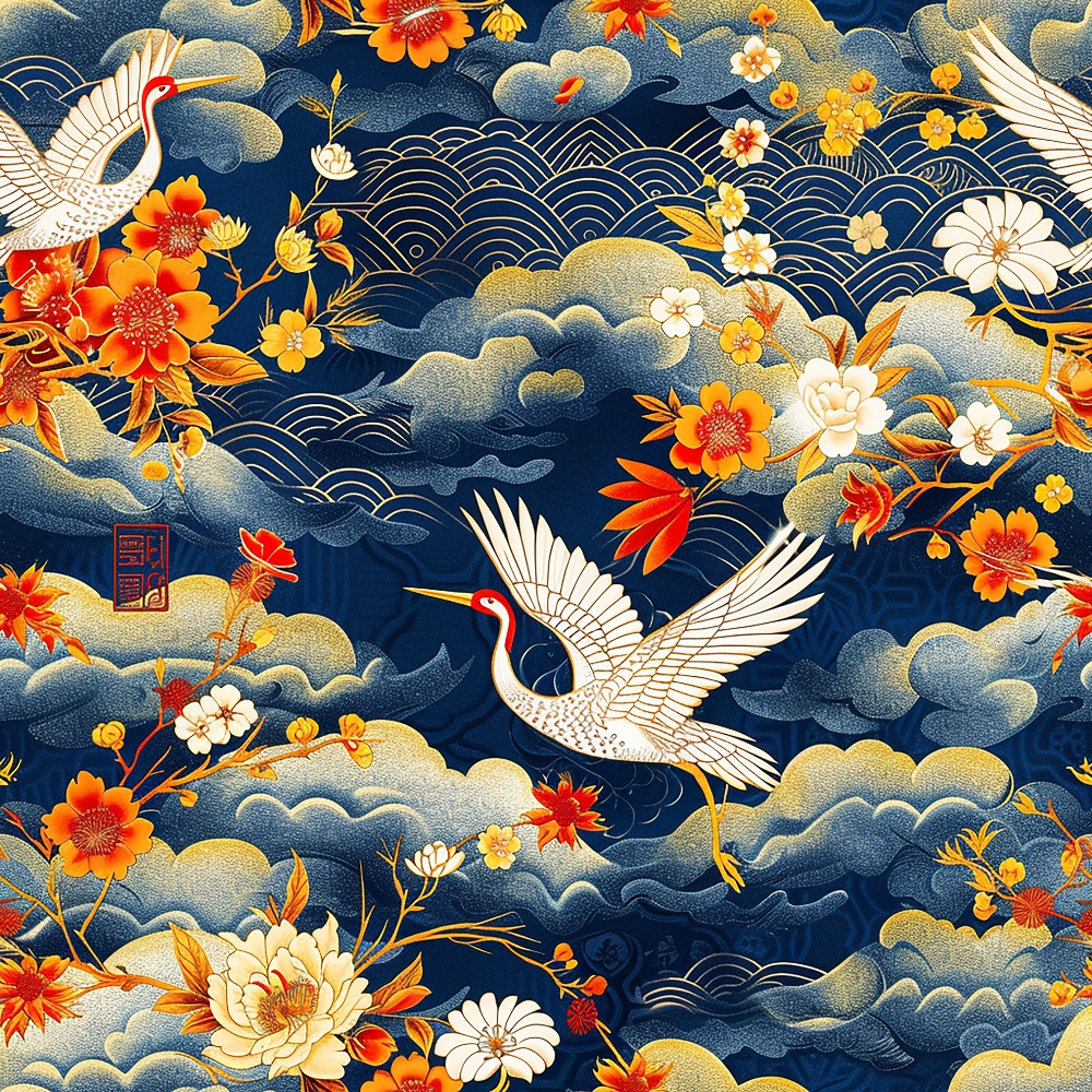 • Japanese Cranes Pattern 8 Quilting Cotton Fabric • cranes • flowers • floral • clouds • blue • navy • orange • red • white • yellow • quilting • cotton • fabric • traditional • elegant • Asian-inspired • decorative • textile