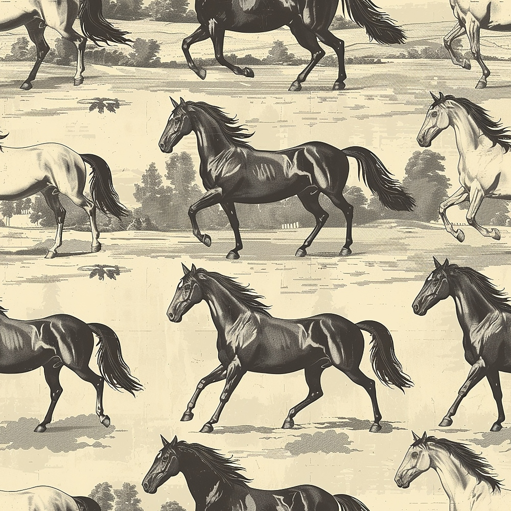 - Horse Parade Pattern 7 Quilting Cotton Fabric  
- monochrome horses  
- black, white, beige  
- equine design  
- vintage style  
- cotton textile  
- quilting yardage  
- classic animal print  
- rustic countryside motif  
- natural tones  
- smooth fabric surface  
- decorative fabric for quilting