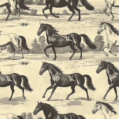 - Horse Parade Pattern 7 Quilting Cotton Fabric  
- monochrome horses  
- black, white, beige  
- equine design  
- vintage style  
- cotton textile  
- quilting yardage  
- classic animal print  
- rustic countryside motif  
- natural tones  
- smooth fabric surface  
- decorative fabric for quilting