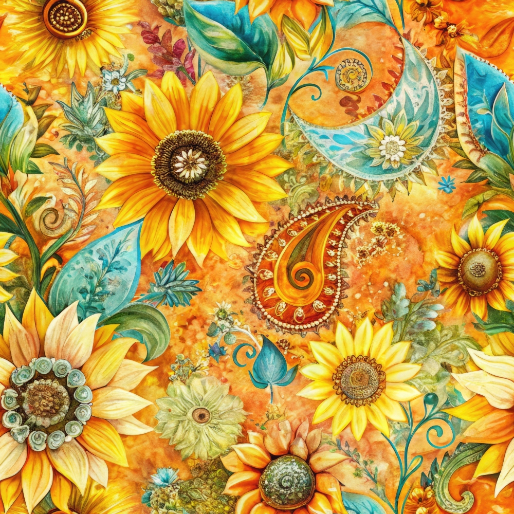 - Sunflower Fields Pattern 8 Quilting Cotton Fabric  
- Yellow sunflowers  
- Orange background  
- Green leaves  
- Blue accents  
- Paisley shapes  
- Floral design  
- Cotton textile  
- Quilting fabric  
- Autumn colors  
- Decorative print  
- Nature-inspired