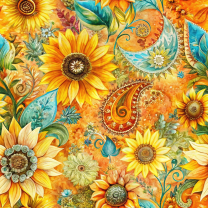 - Sunflower Fields Pattern 8 Quilting Cotton Fabric  
- Yellow sunflowers  
- Orange background  
- Green leaves  
- Blue accents  
- Paisley shapes  
- Floral design  
- Cotton textile  
- Quilting fabric  
- Autumn colors  
- Decorative print  
- Nature-inspired