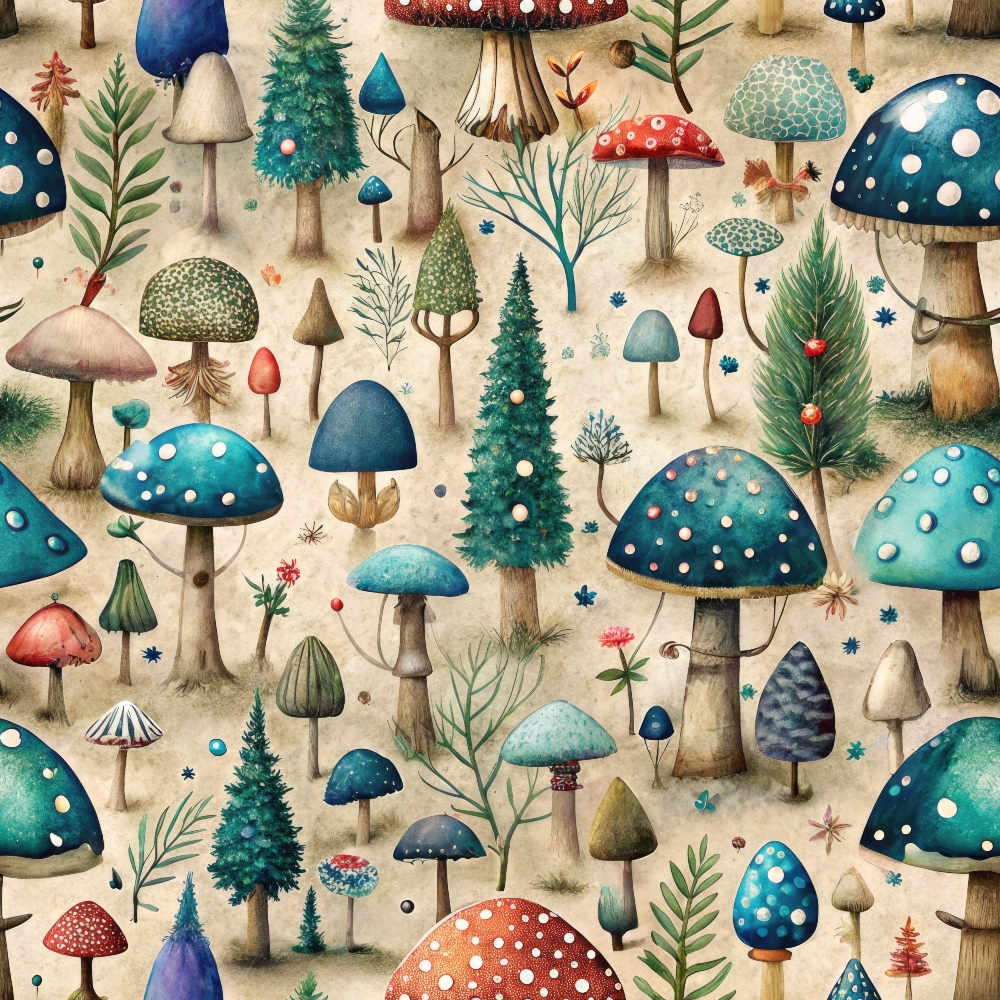 - Mushroom Fairyland Pattern 2 Quilting Cotton Fabric  
- whimsical mushroom designs  
- assorted blue, green, red, beige tones  
- fantasy forest elements  
- cotton quilting textile  
- nature-inspired prints  
- fairytale woodland theme  
- pine trees, foliage, dots  
- fabric yardage for crafts  
- artistic, colorful, playful
