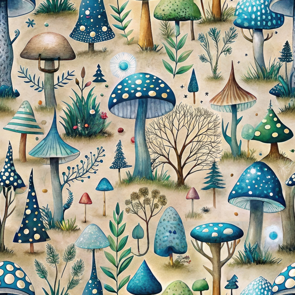 - Mushroom Fairyland Pattern 11 Quilting Cotton Fabric  
- Mushrooms, fungi, toadstools  
- Blue, green, beige, brown, cream  
- Botanical, nature, woodland  
- Leaves, plants, branches  
- Fairy tale, whimsical, fantasy  
- Cotton textile, soft, sewing  
- Quilting material, yardage, fabric